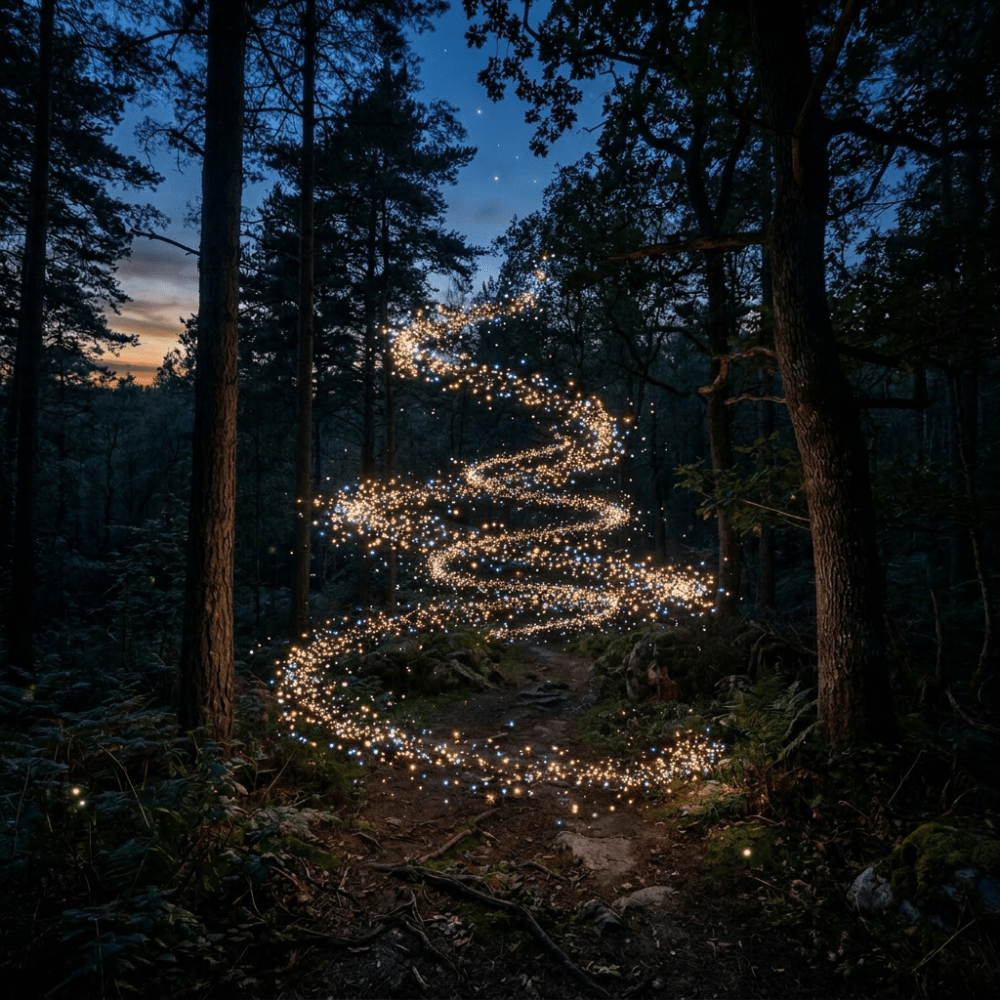 Spiraling golden light trail floating above a forest path at dusk